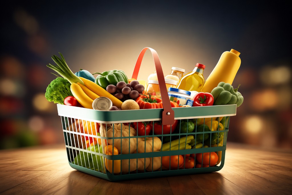 Fresh groceries in a shopping basket at Grocery District